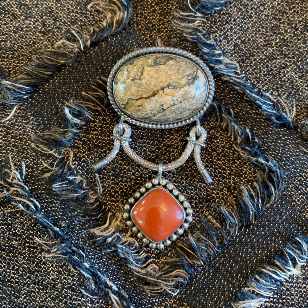 Sterling Silver Bali Suharto Red & Brown Jasper Dangle Pendant/Brooch Combo